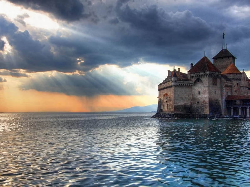 замок, море, небо, облака