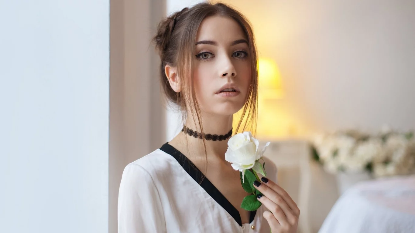 девушка, прическа, взгляд, цветок