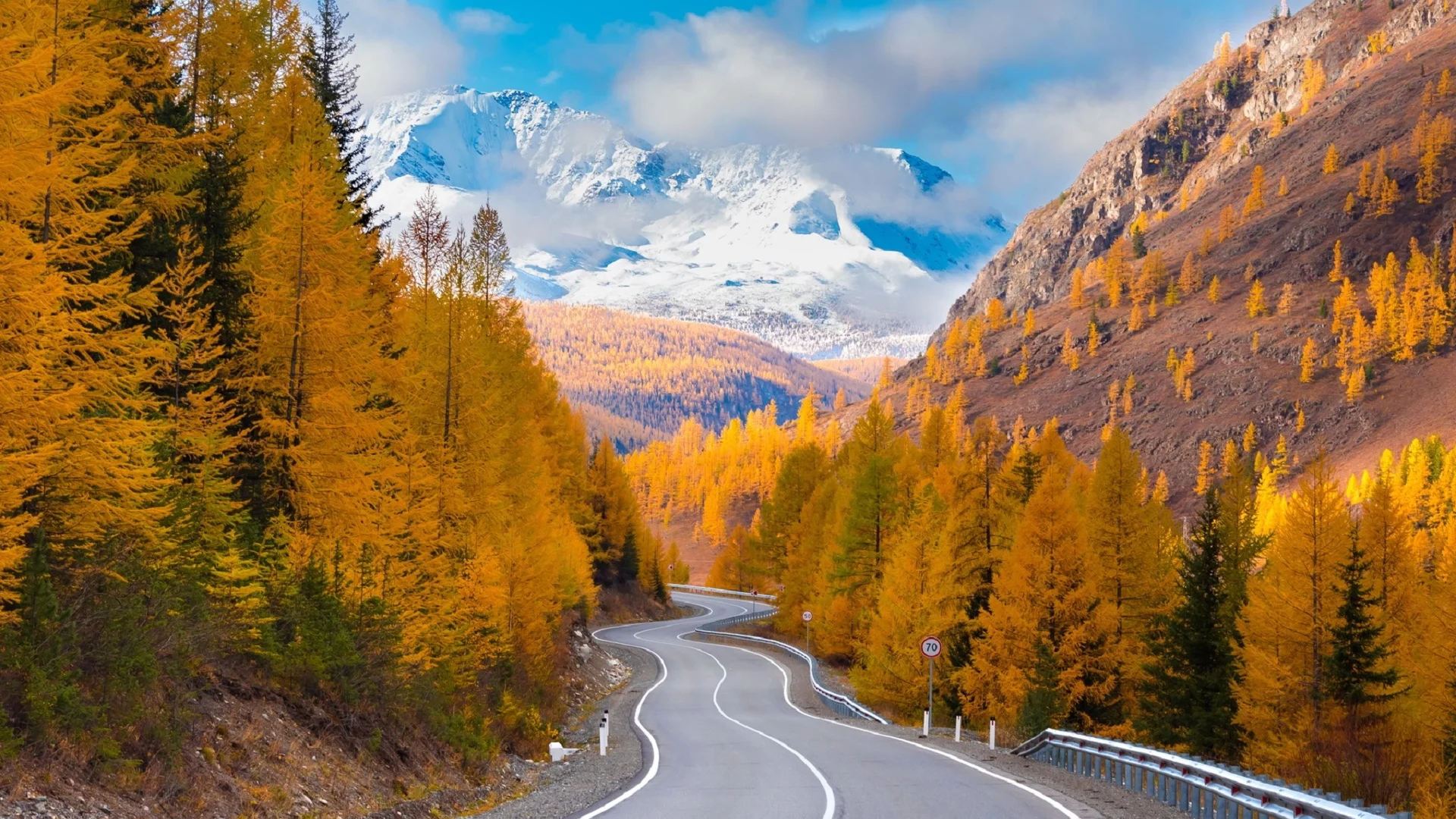 пейзаж, осень, лес, дорога, горы