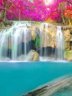 осень, водопад, озеро, деревья