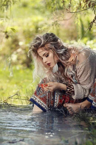 девушка, красивая, природа, ручей