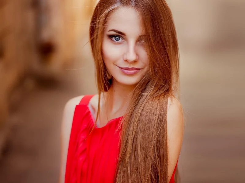 девушка, рыжая, взгляд, длинные волосы, красное платье