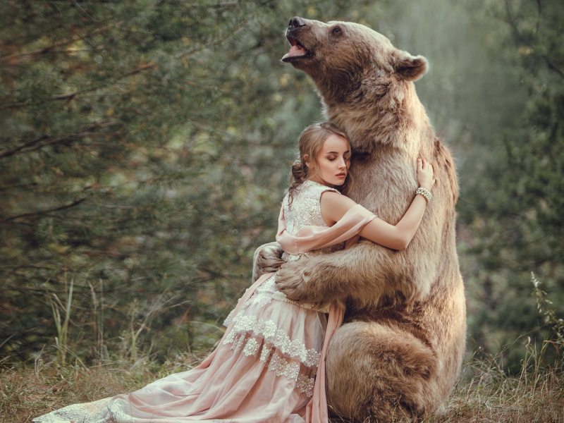 девушка, медведь
