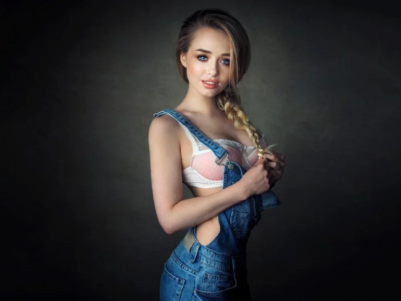 девушка, блондинка, взгляд, косичка, джинсы