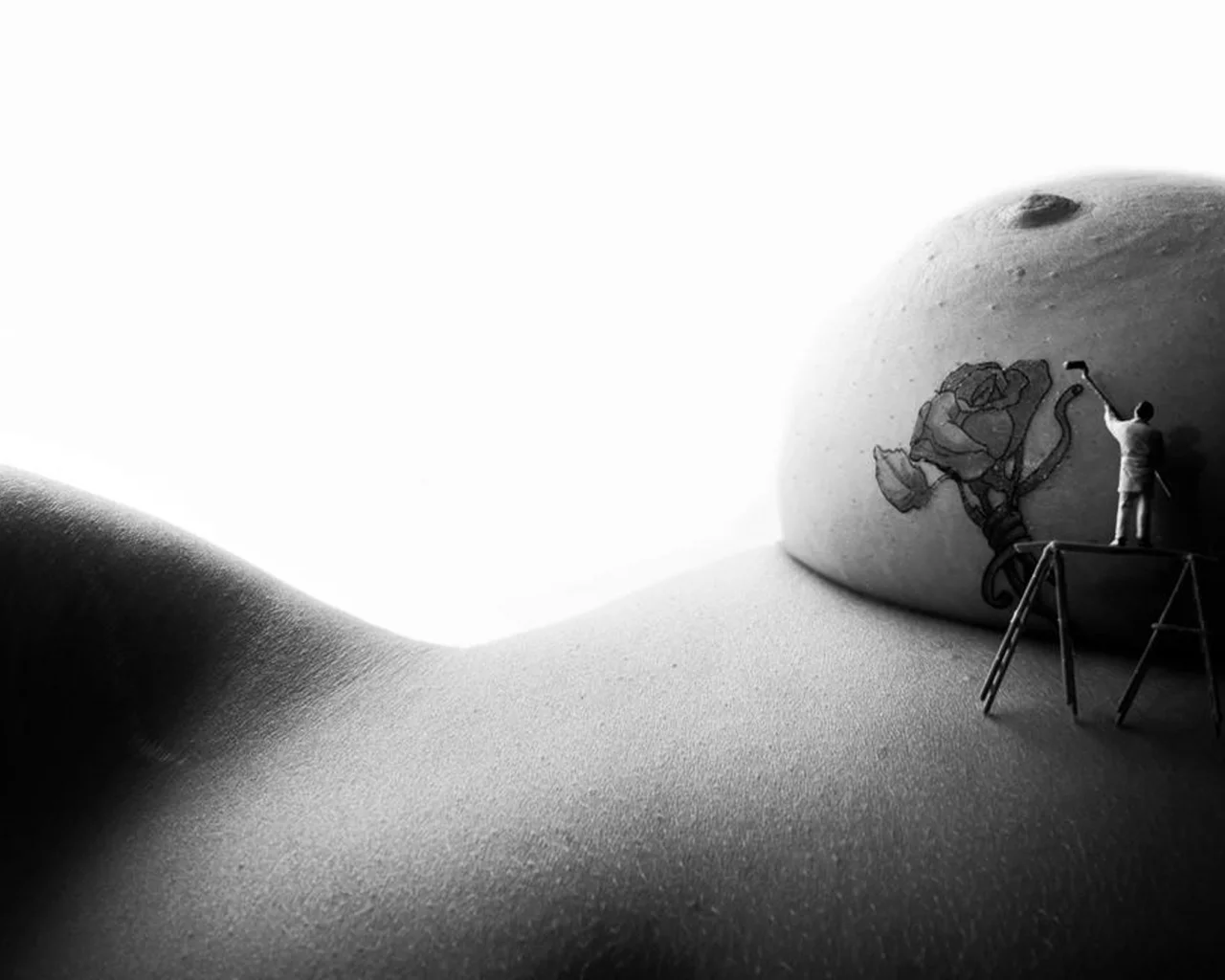 bodyscapes, арт, искусство, винтаж, девушка, секси, голая, тело, модель, красивая, животик, фигура, крупно, поза, сиськи, соски, сосок, грудь, художник, роза, тату, татуировка