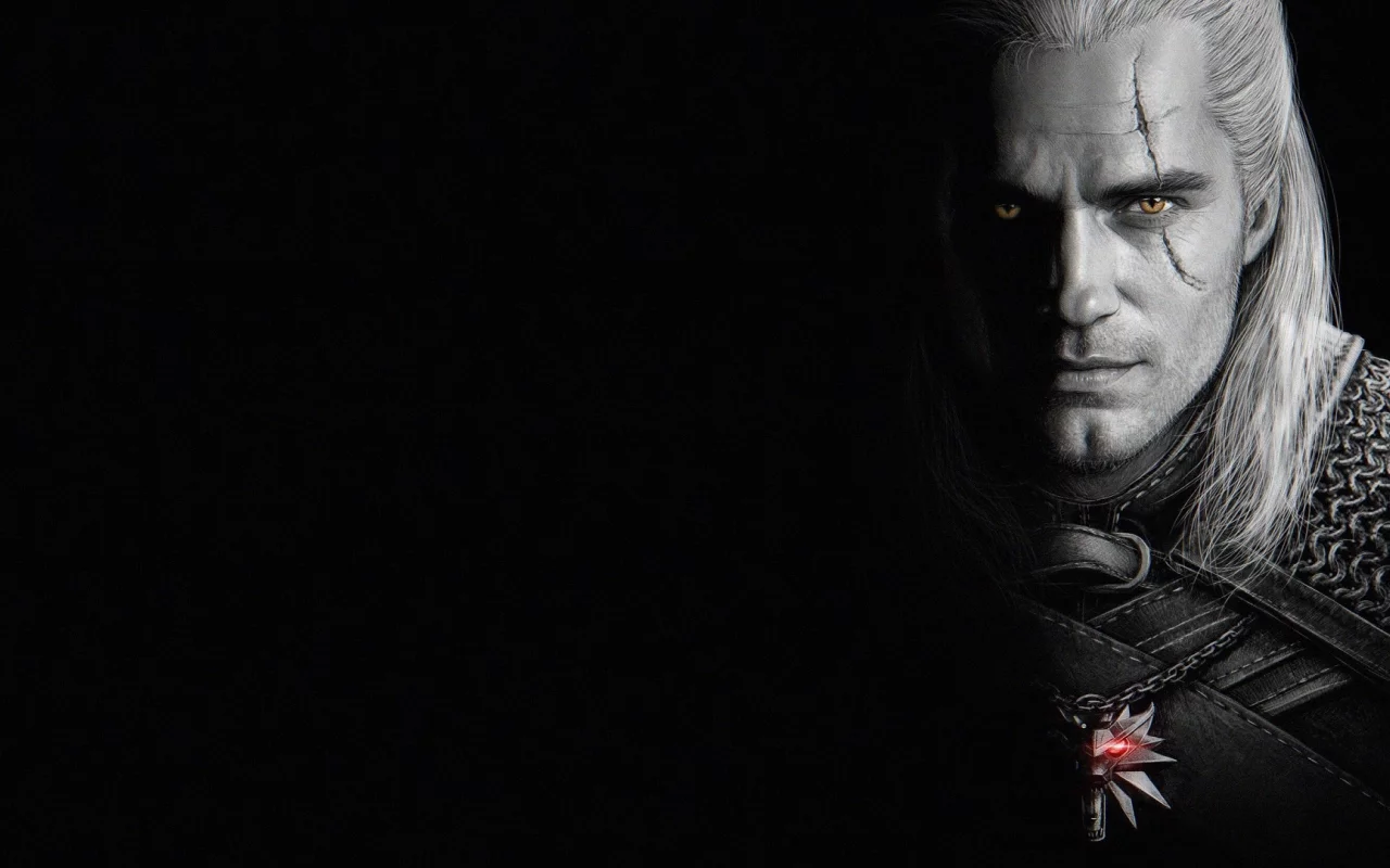 the witcher, мужчина, взгляд, чёрный фон, 2019, шрам