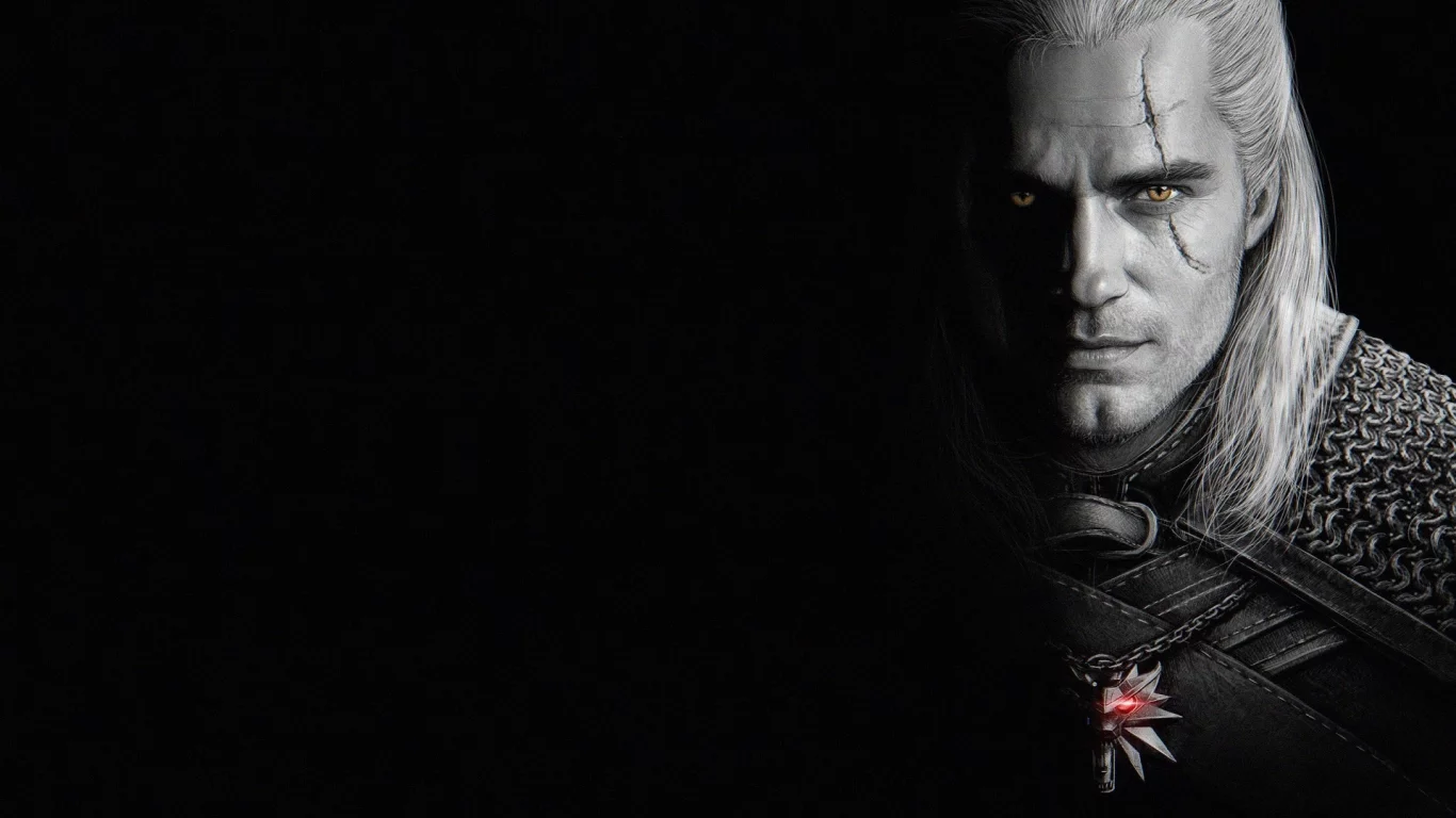 the witcher, мужчина, взгляд, чёрный фон, 2019, шрам