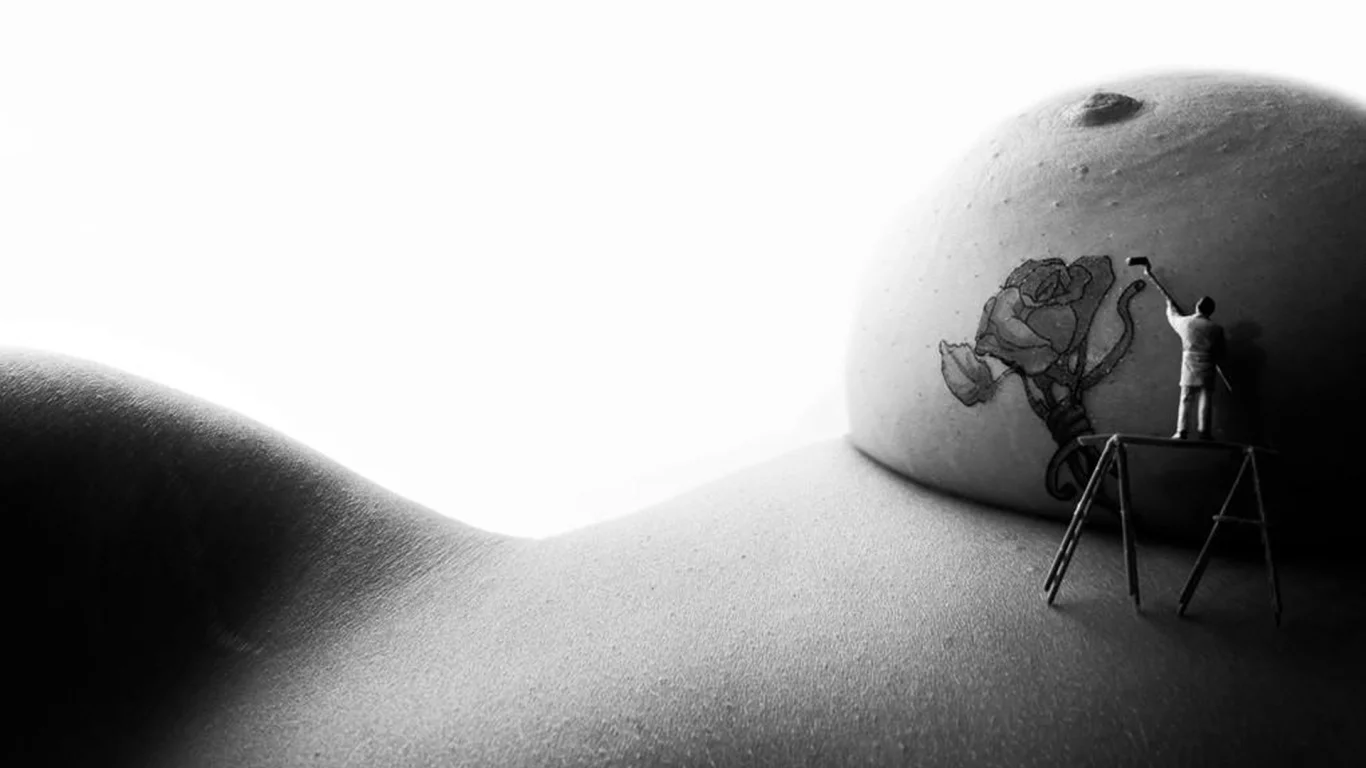 bodyscapes, арт, искусство, винтаж, девушка, секси, голая, тело, модель, красивая, животик, фигура, крупно, поза, сиськи, соски, сосок, грудь, художник, роза, тату, татуировка
