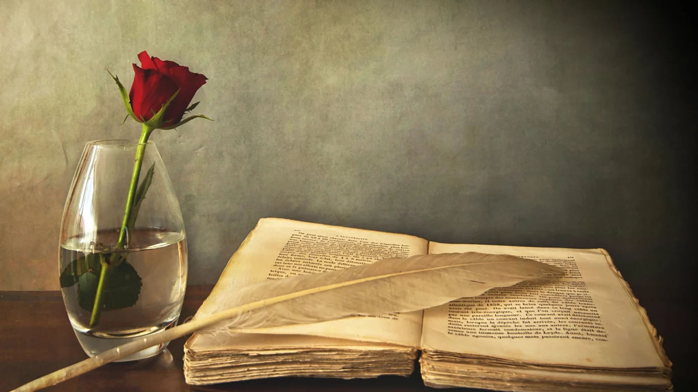 цветок, перо, книга