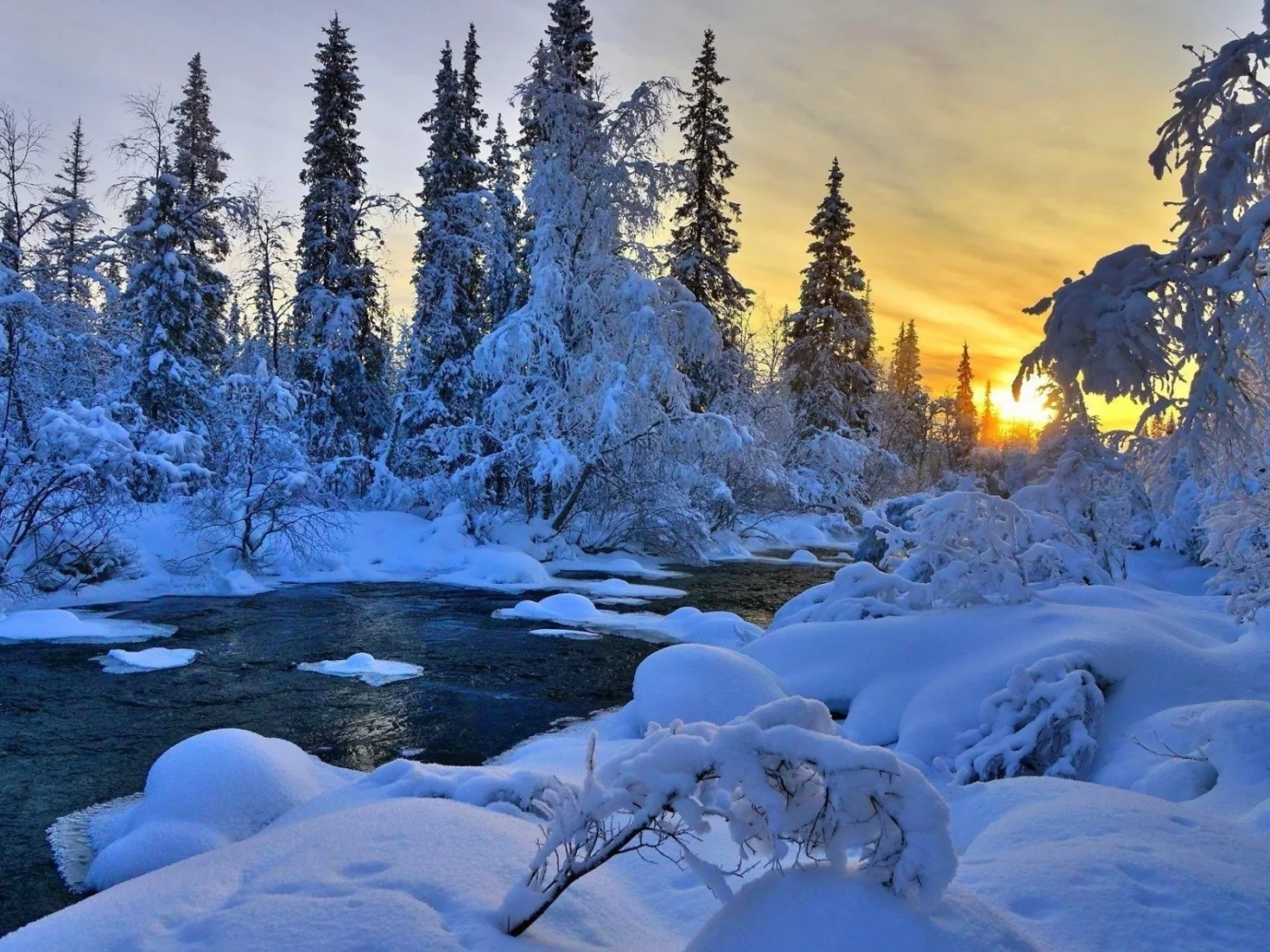 зима, снег, лес, река