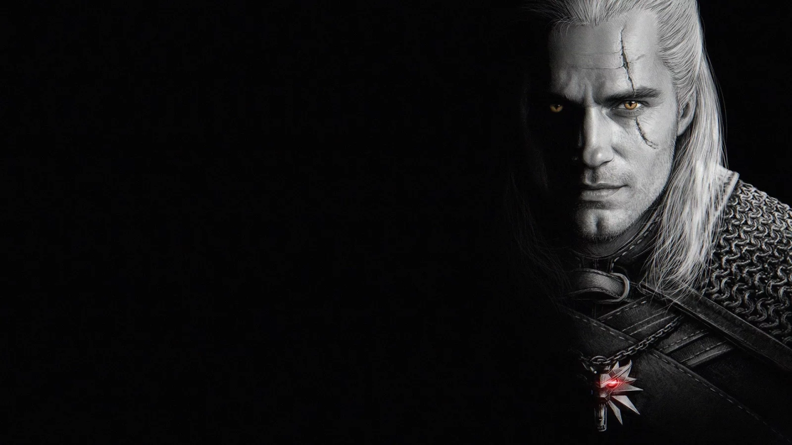 the witcher, мужчина, взгляд, чёрный фон, 2019, шрам