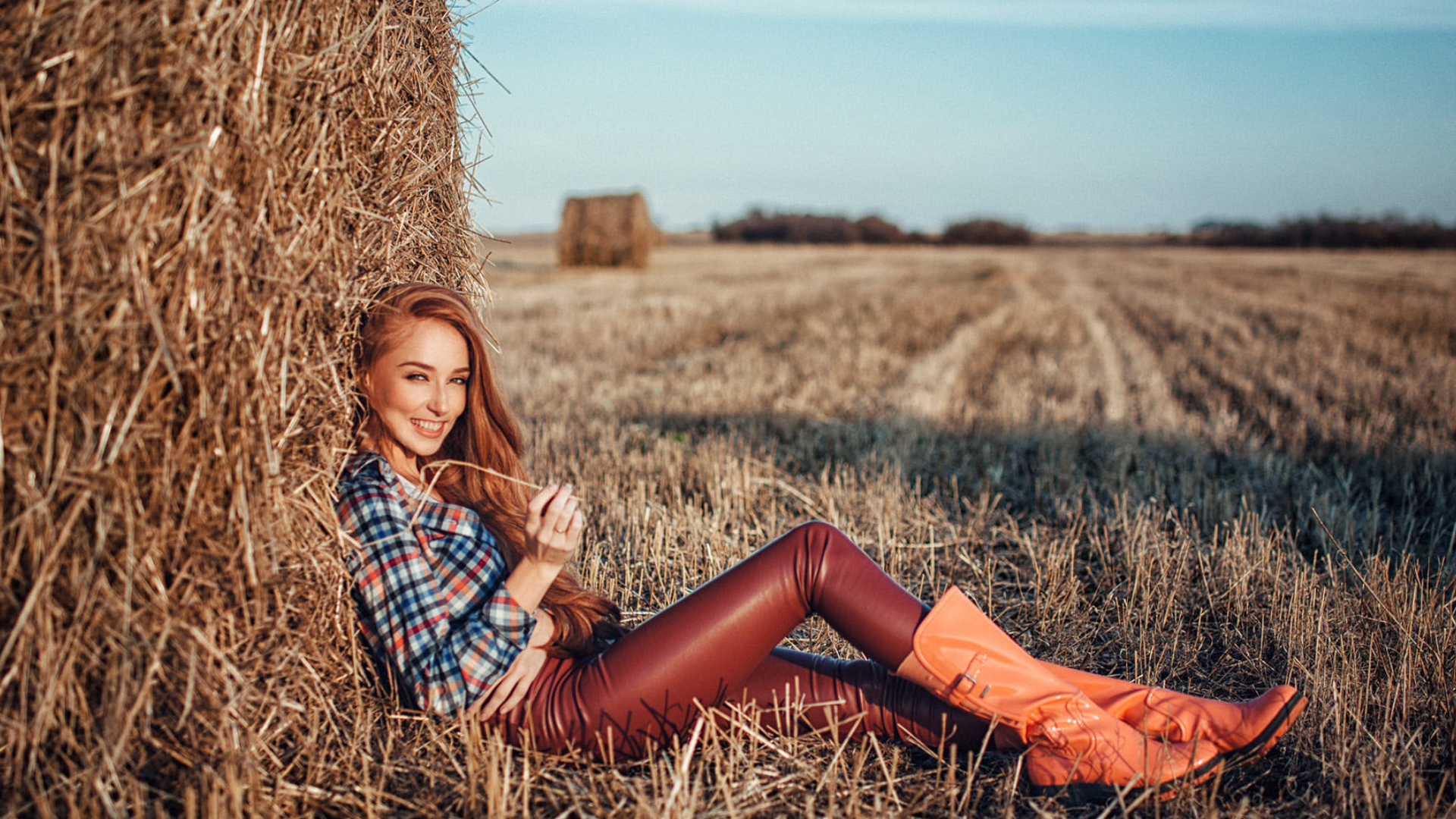 девушка, красивая, фотосессия в поле, сено