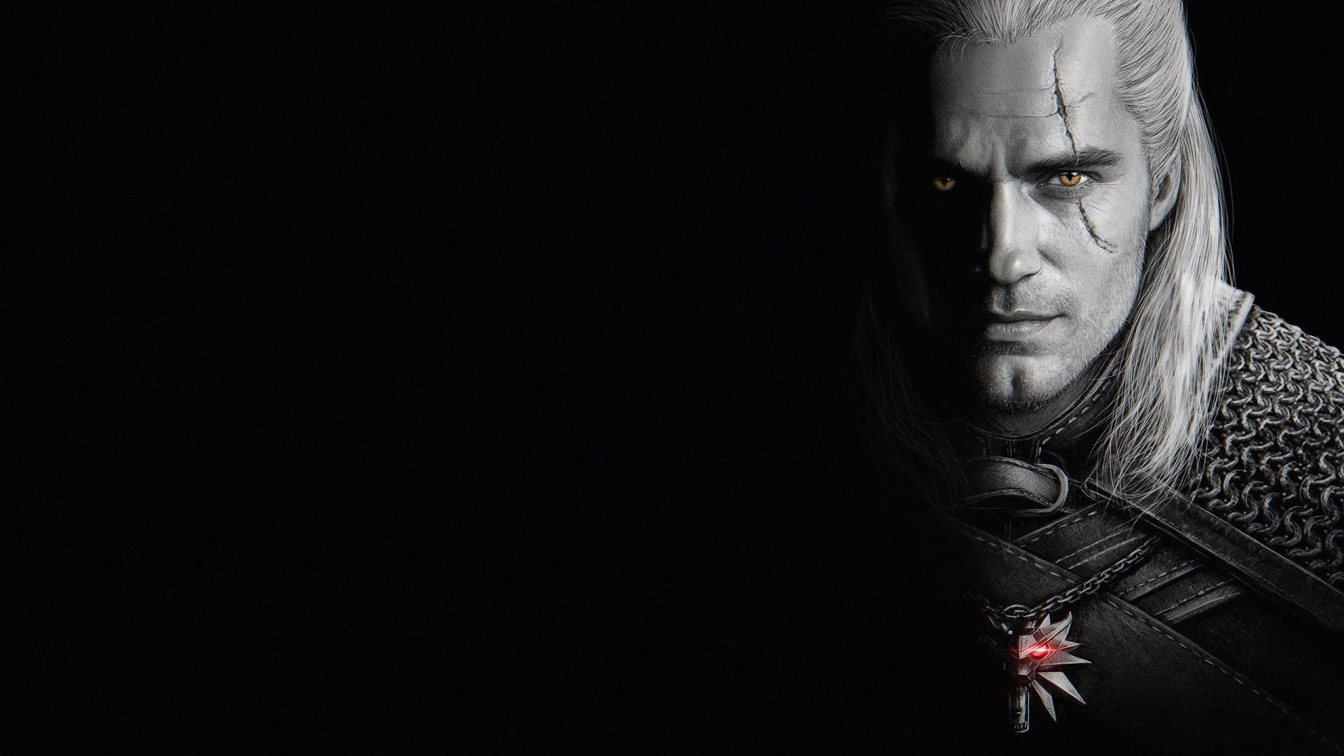 the witcher, мужчина, взгляд, чёрный фон, 2019, шрам