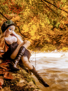 кукла, осень, листья, деревья, река