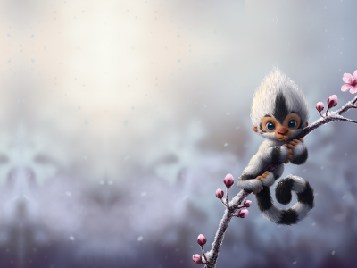 digital art, ветка, снег, сакура, обезьянка