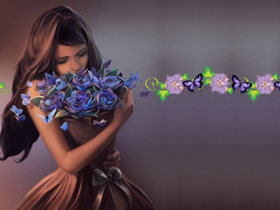 digital art, девушка, цветы, бабочки
