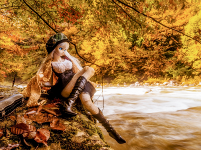 кукла, осень, листья, деревья, река
