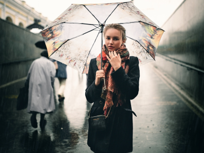 девушка, дождь, зонт