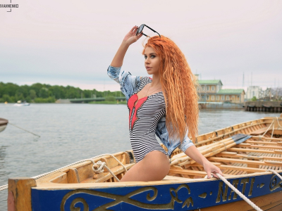 девушка, рыжая, красивая, фотосессия в лодке
