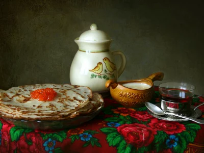 блины, чай, сметана, посуда