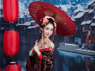 девушка, азиатка, в кимоно, с зонтиком
