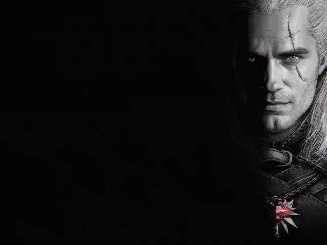 the witcher, мужчина, взгляд, чёрный фон, 2019, шрам
