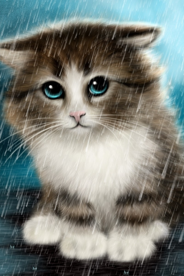 digital art, дождик, котенок, грусть