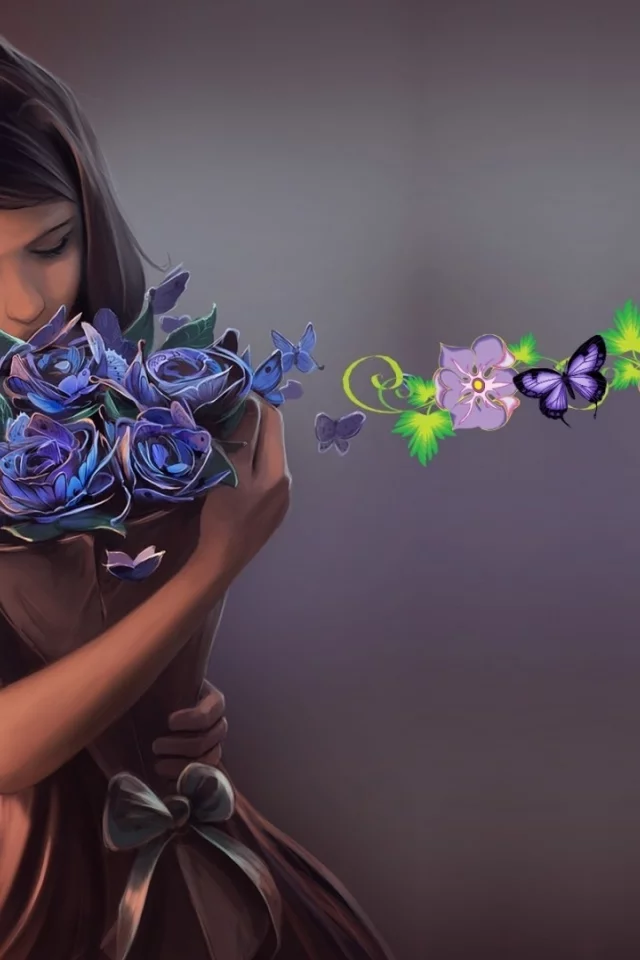 digital art, девушка, цветы, бабочки