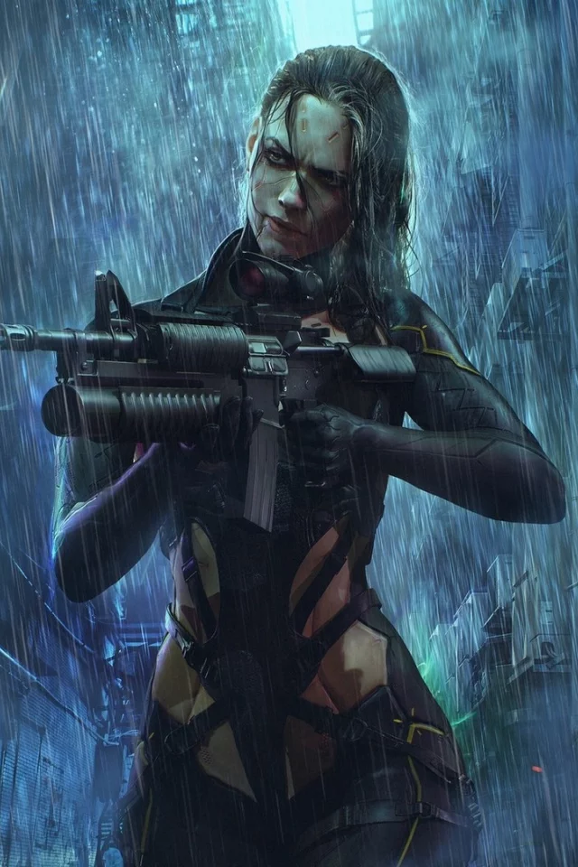 girl, rain, weapons, fantasy, cyberpunk