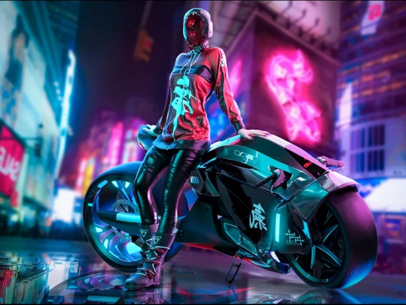 girl, city, neon, motorcycle, art, cyberpunk