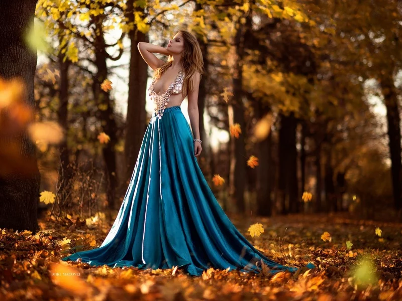девушка, блондинка, длинные волосы, платье, осень, листопад, miki macovei