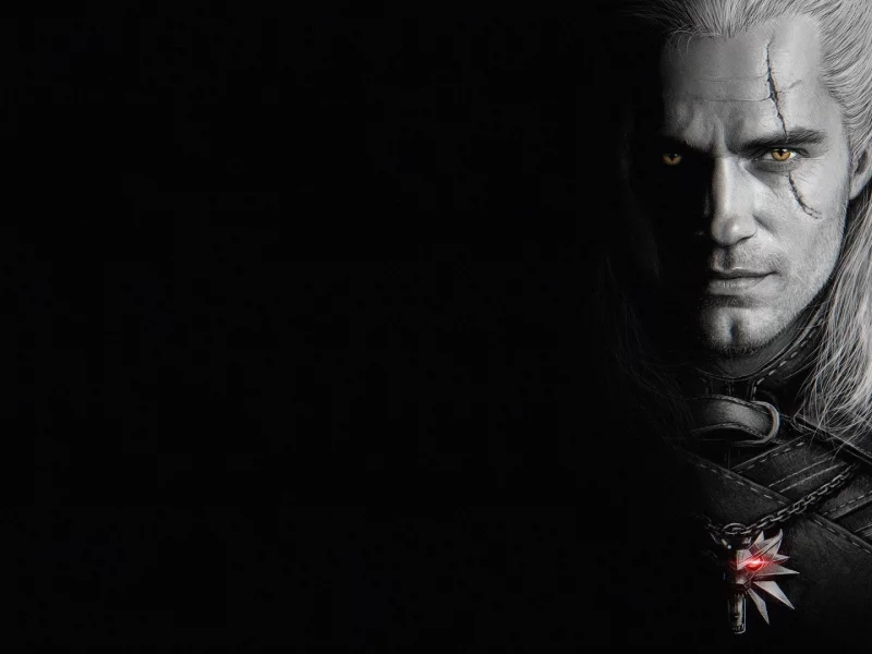 the witcher, мужчина, взгляд, чёрный фон, 2019, шрам