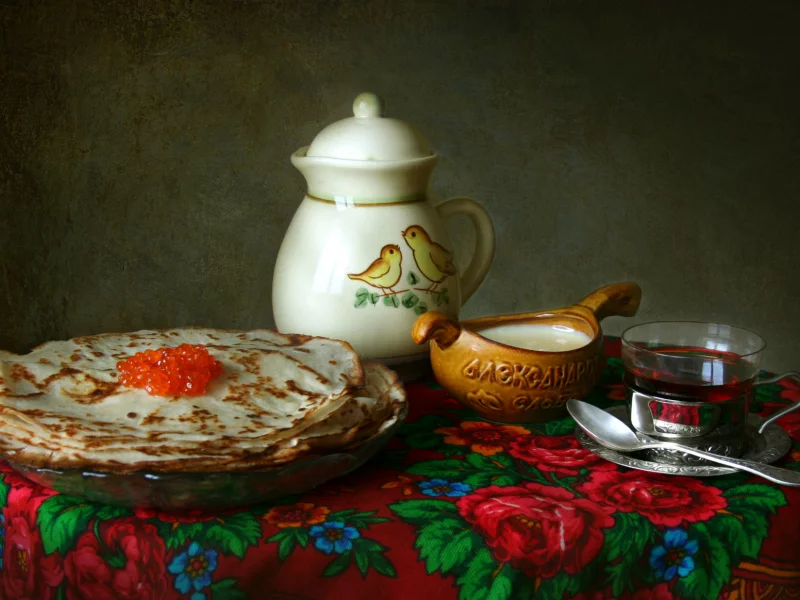блины, чай, сметана, посуда