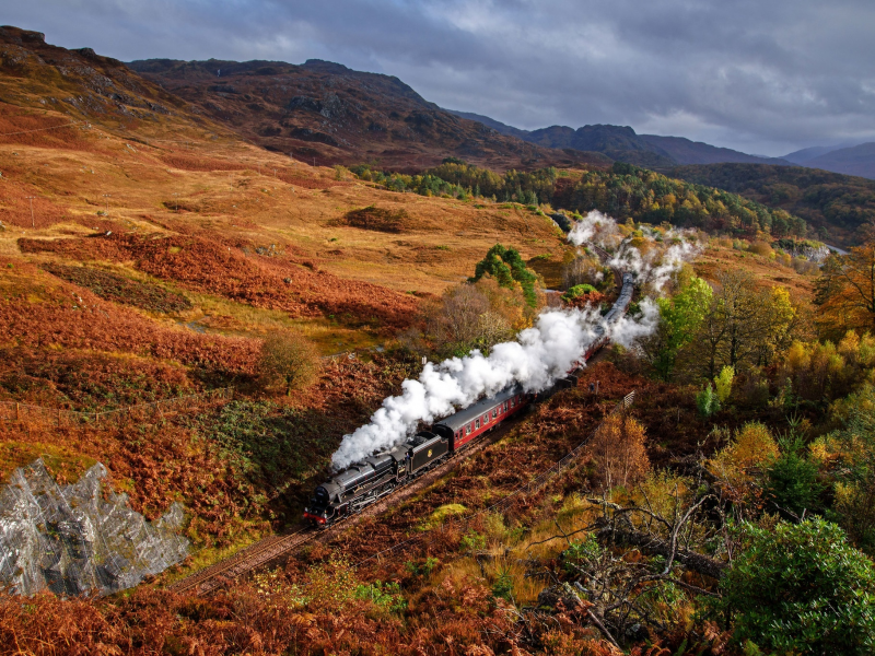 шотландия, осень, поезд, дым