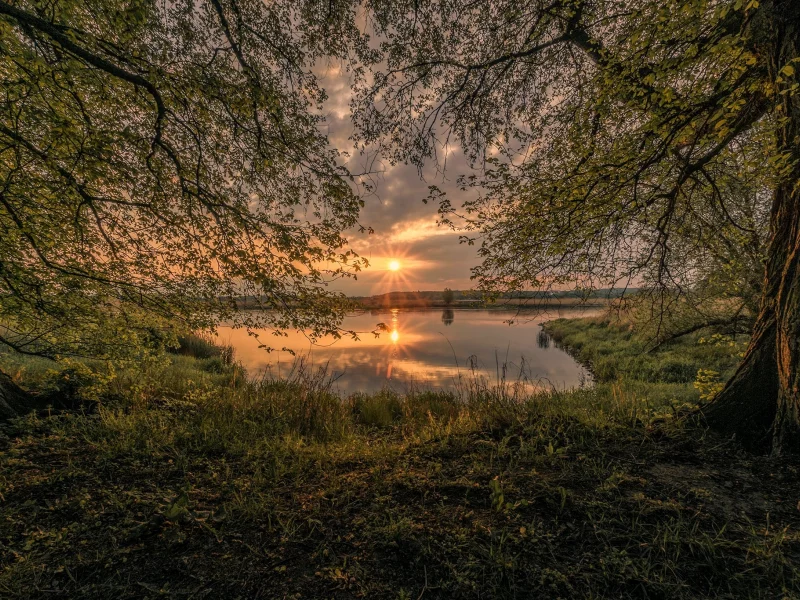 закат, озеро