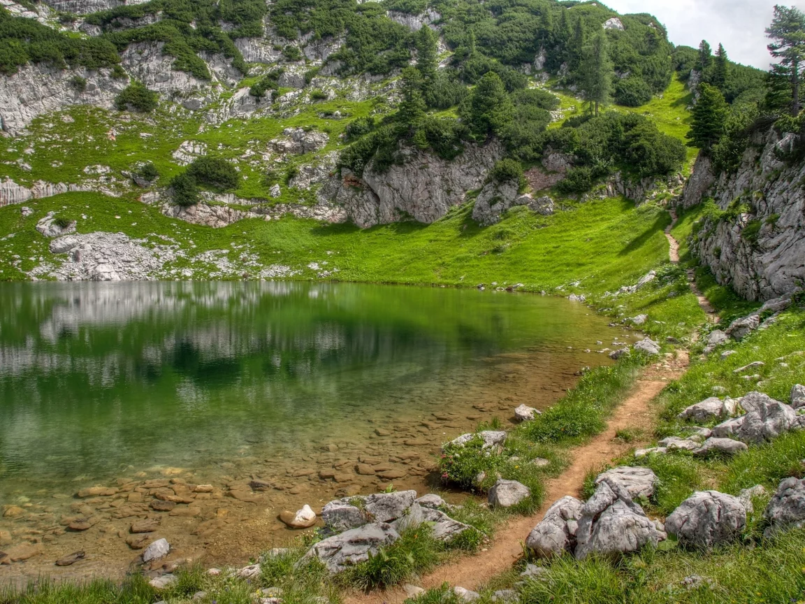 горы, вода, трава, тропинка