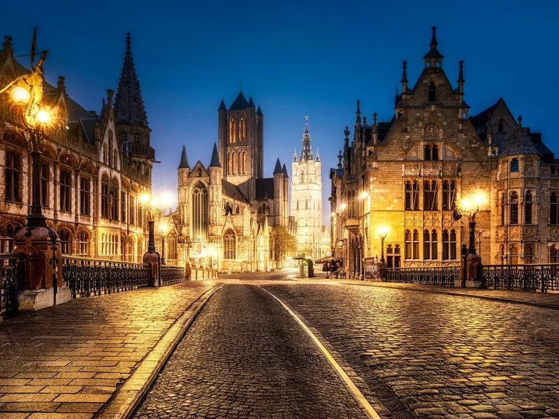 город, вечер, улица, фонари