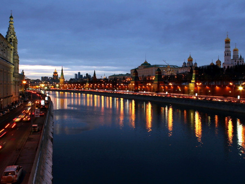 москва, вечер, огни, москва река