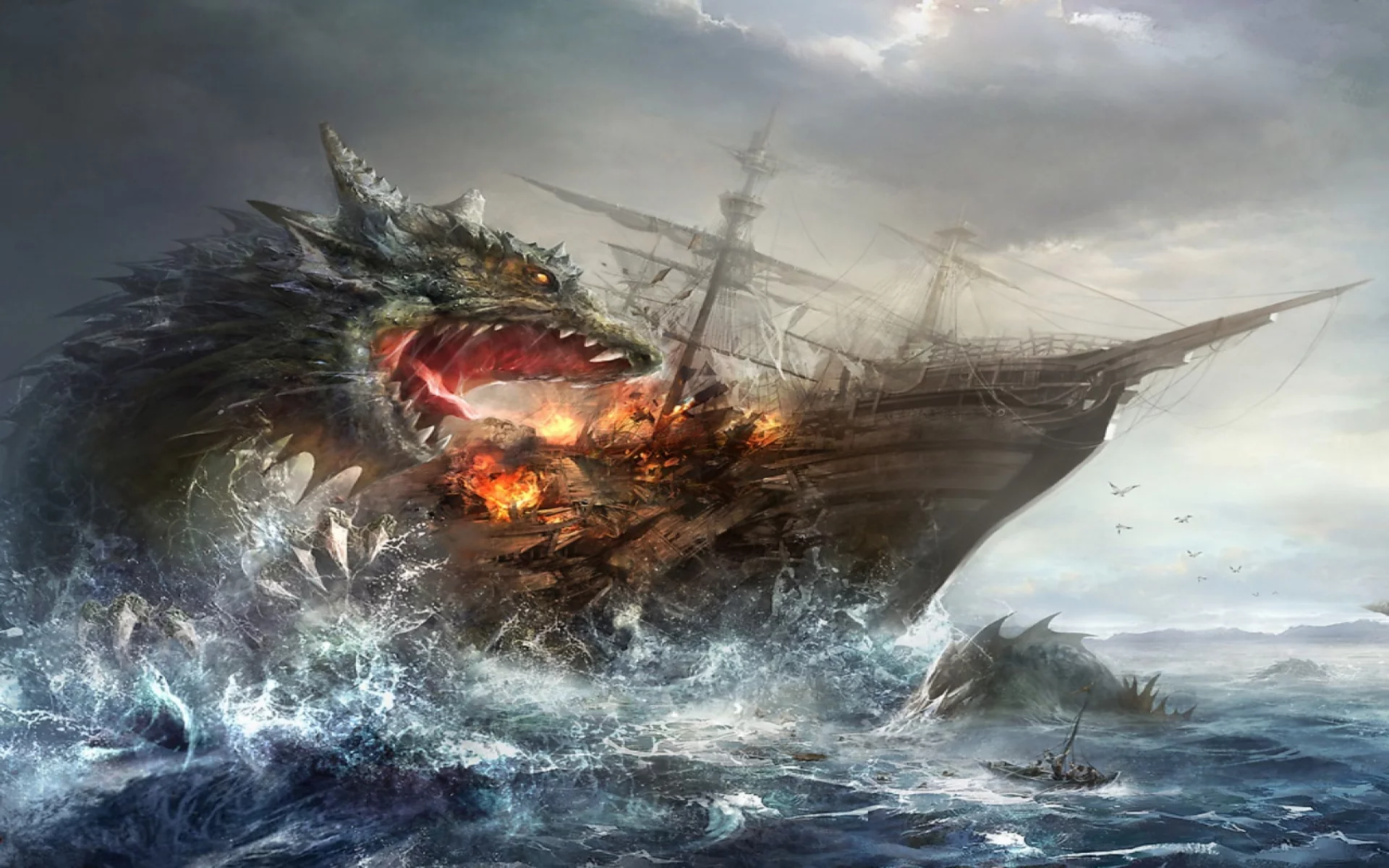 dragon, ship, attack