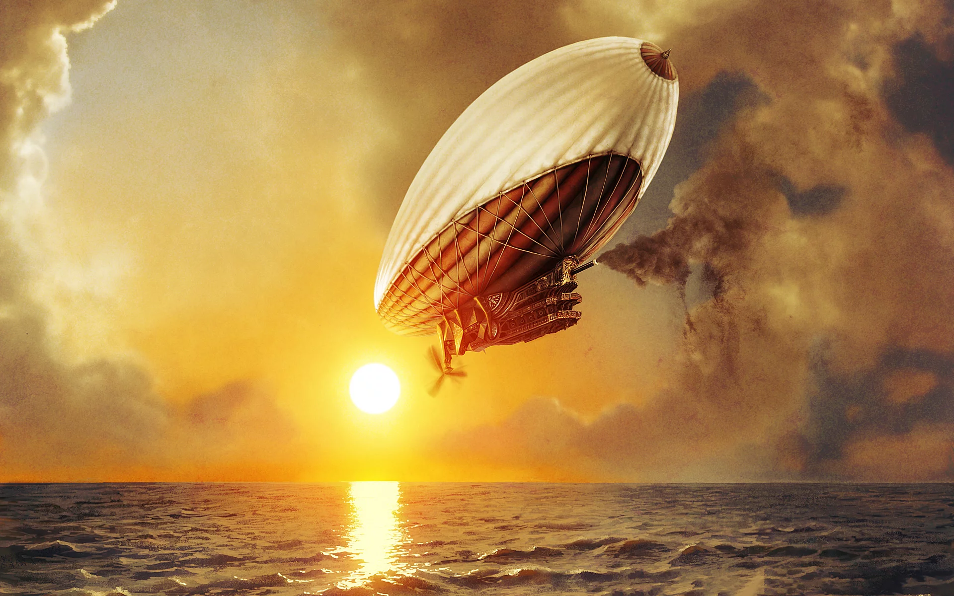 дерижабль, небо, море, закат