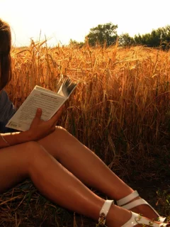 брюнетка, красивая, фотосессия в поле, читает книгу
