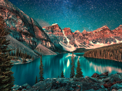 озеро, горы, ночь, звёзды