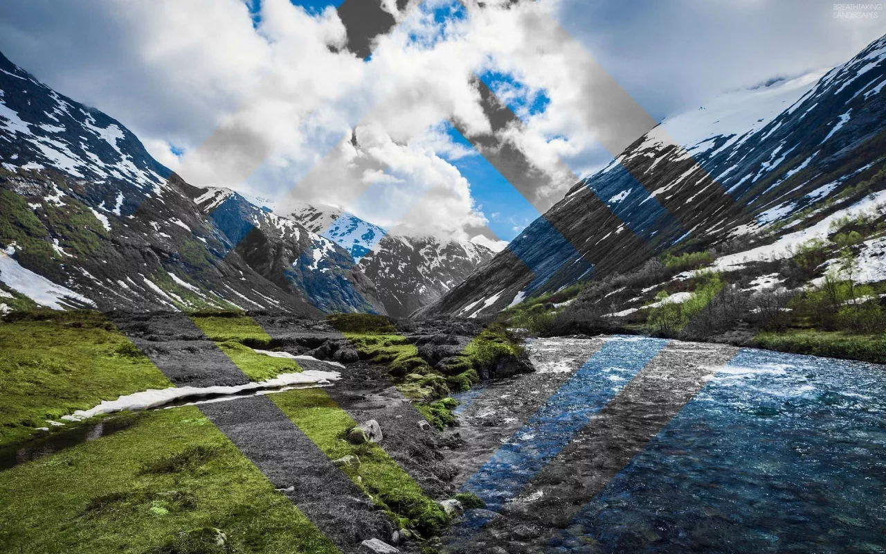 горы, снег, облака