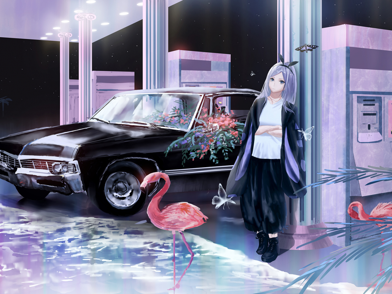 машина, девушка, фламинго