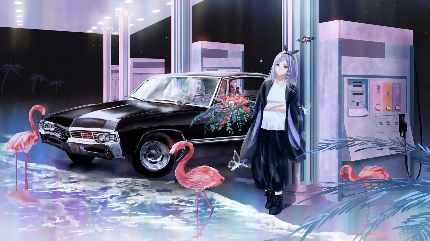 машина, девушка, фламинго