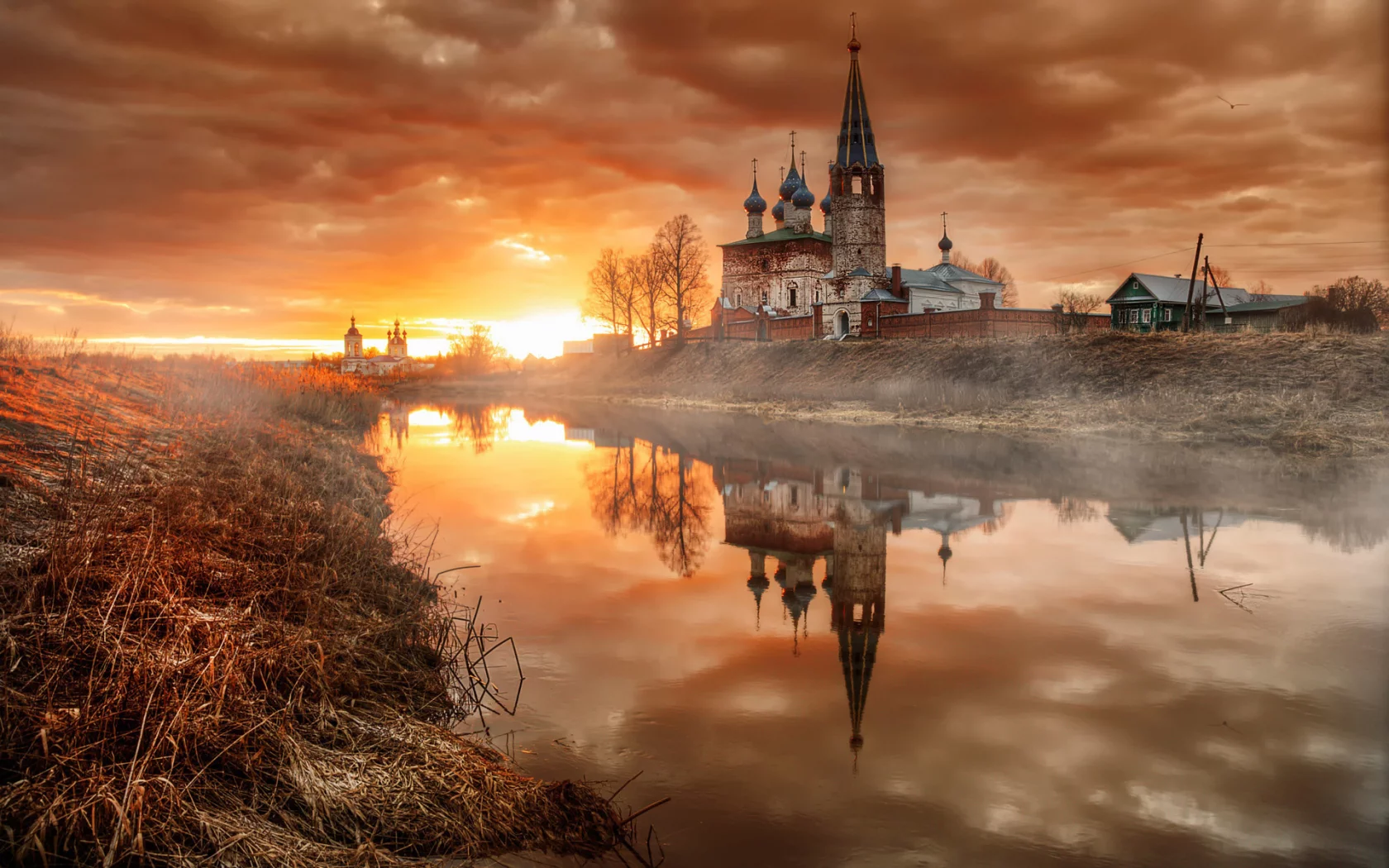река, берег, храм, небо, закат