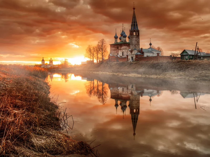 река, берег, храм, небо, закат