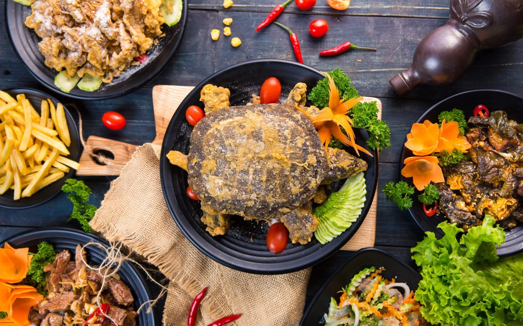 азиатская кухня, салаты, сервировка, черепаха