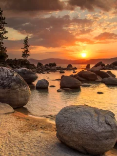 закат, берег, камни, валуны