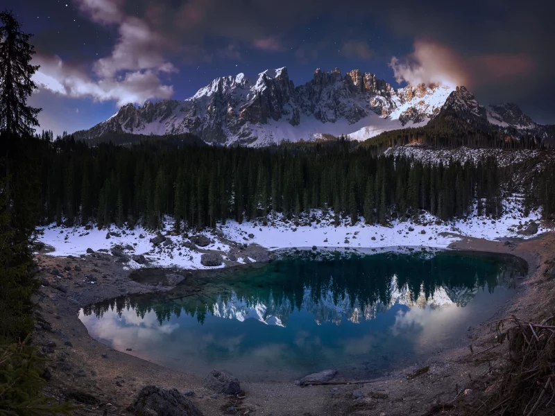 природа, горы, озеро, лес, снег
